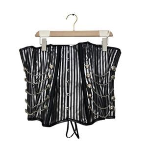 Silver Black Boned Waist Trainer Corset size 28 Stripe Button Chain Details Heav